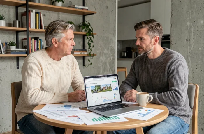 Couple étudiant leur stratégie d'investissement immobilier autour d'une table avec graphiques financiers et ordinateur portable