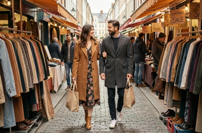 Couple tendance explorant un marché de mode urbain avec des vêtements vintage et contemporains dans une rue pavée animée