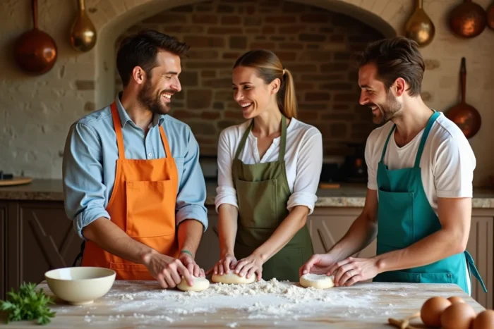 Groupe d'adultes participant à un cours de cuisine artisanale dans une cuisine rustique en pierre, activité culturelle unique