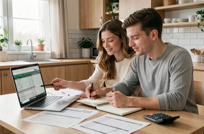 Un couple examine un tableau de coûts par invité sur un ordinateur portable, entouré de feuilles de budget imprimées et d'une calculatrice.
