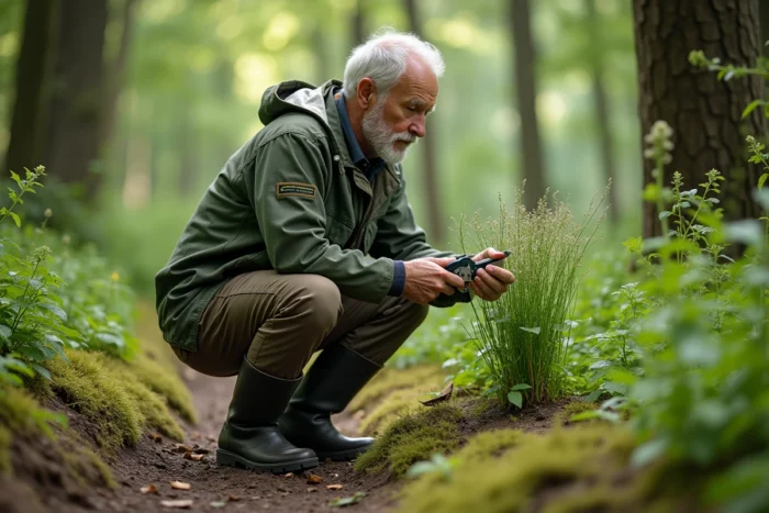 Cueilleur de plantes sauvages récoltant de la yarrow et de la menthe dans une clairière forestière tempérée