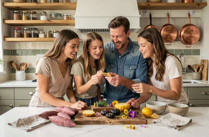 Une famille explorant ensemble un ingrédient inconnu dans leur cuisine lors d'une séance de cuisine collaborative