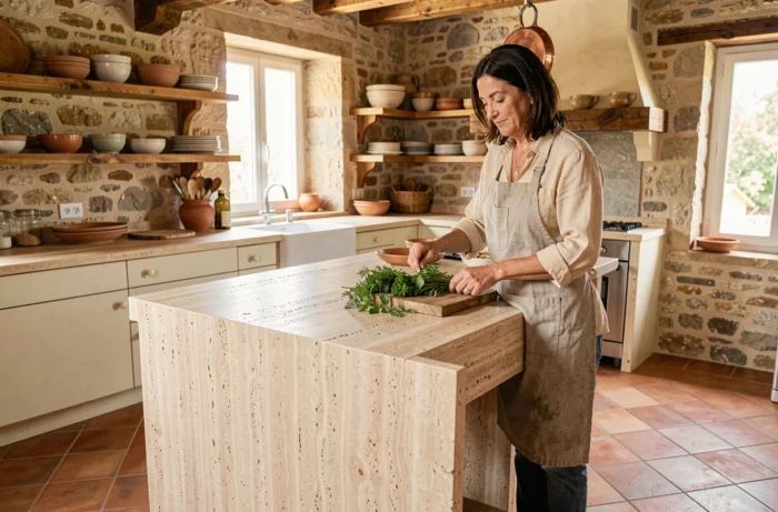 Cuisine provençale avec carrelage tomette en diagonale et plan de travail en travertin, femme préparant des herbes fraîches