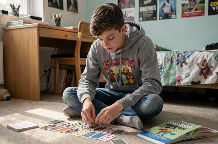 Adolescent débutant apprenant les règles et stratégies du 8 américain avec un guide de jeu ouvert sur le sol de sa chambre