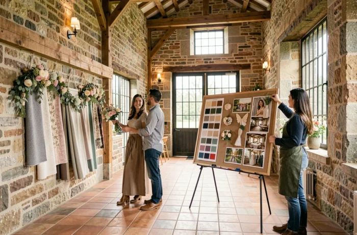 Un couple teste des échantillons de décoration et de fleurs dans leur lieu de réception pour harmoniser l'ambiance avec l'architecture.