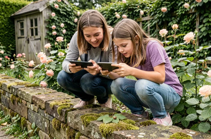 Une mère et sa fille participant ensemble à un défi photo thématique en famille dans leur jardin