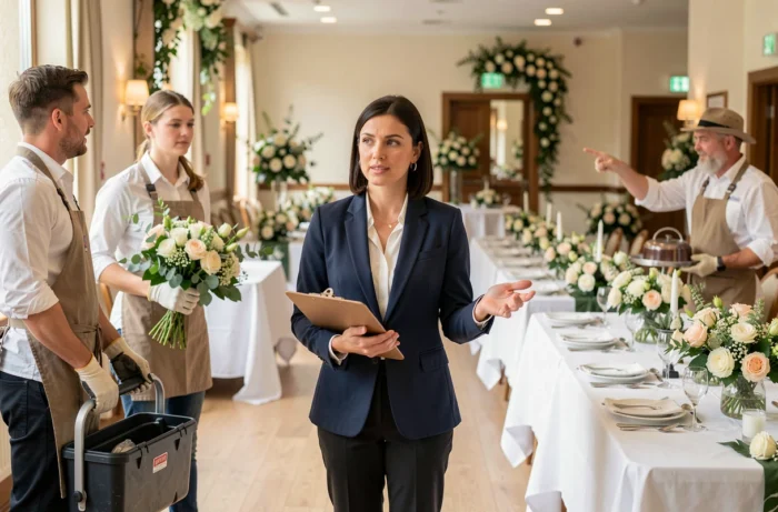 Une coordinatrice de mariage dirige les prestataires dans la salle de réception le jour J, permettant aux mariés de profiter sans stress.
