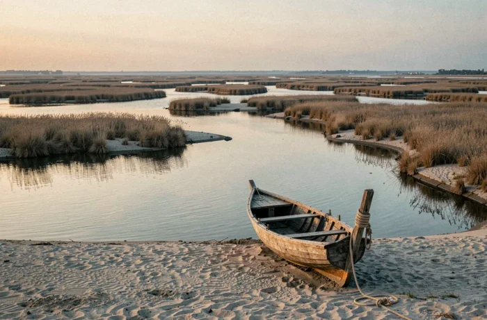Delta fluvial au crépuscule avec canaux d'eau calme, îlots de roseaux et barque en bois traditionnelle échouée
