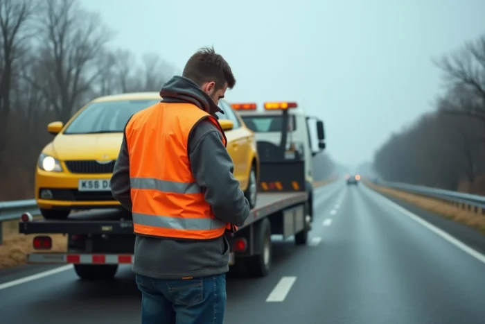 Opérateur de dépanneuse chargeant un taxi en panne sur un plateau remorque en bord de route