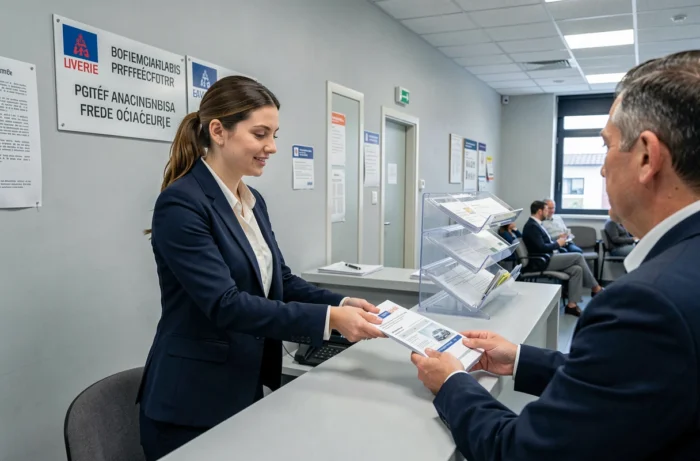 Femme déposant les documents pour un changement de titulaire de carte grise à la préfecture