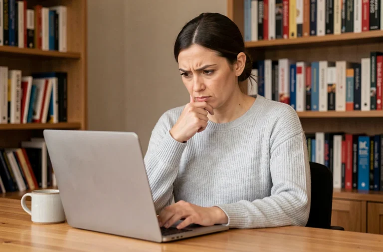 Femme analysant un texte généré par intelligence artificielle sur un ordinateur portable dans un bureau à domicile