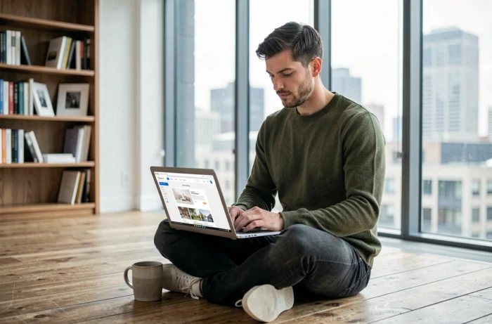 Jeune développeur web travaillant sur une interface de site moderne dans un espace de coworking avec vue urbaine