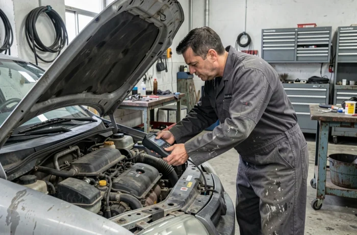 Mécanicien effectuant un diagnostic technique sous le capot d'une voiture d'occasion en atelier