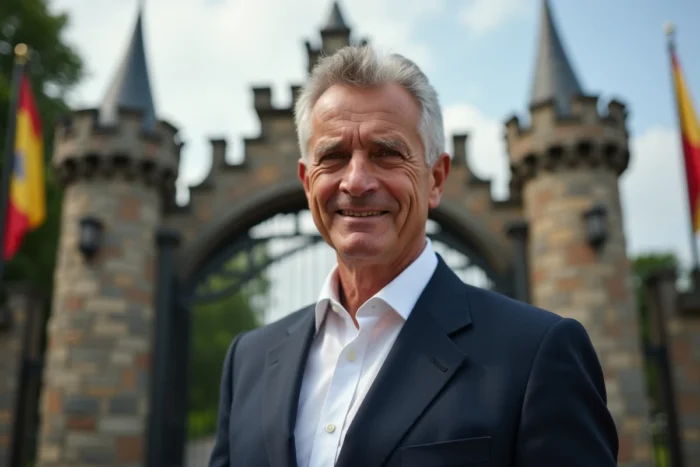 Portrait d'un dirigeant en costume devant l'entrée d'un grand parc à thème historique, illustrant la fortune et le succès entrepreneurial liés au Puy du Fou