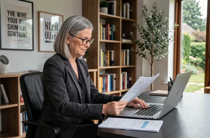 Femme dirigeante travaillant sur ses documents financiers dans un bureau à domicile élégant