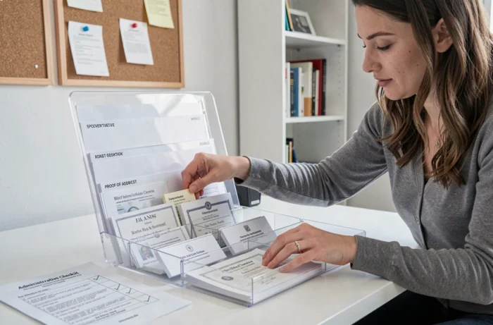 Une femme fiancée constitue un dossier administratif complet en classant les documents officiels nécessaires pour le mariage.