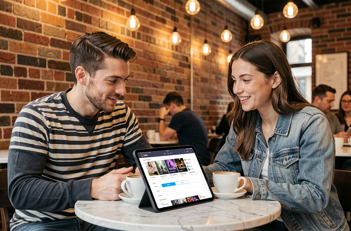Deux jeunes adultes discutant de la personnalisation d'un profil de streaming sur une tablette dans un café