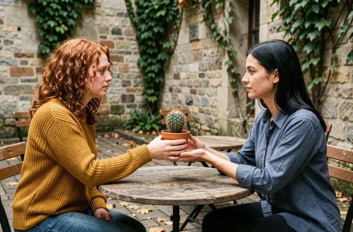 Deux femmes s'échangeant un petit cactus en terracotta dans une cour pavée européenne, moment de connexion spirituelle