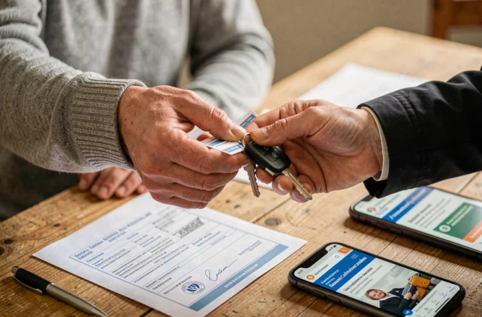 Échange de carte grise et de clés de voiture lors d'une transaction de vente entre particuliers
