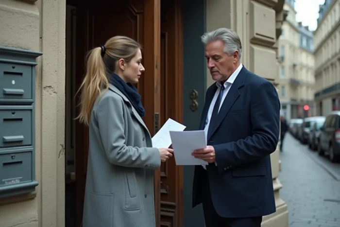 Propriétaire et locataire échangeant des documents devant un immeuble lors d'une location non déclarée
