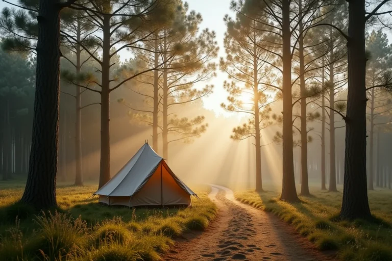 Emplacement tente familiale dans la forêt de pins des Landes avec sentier sableux et brume matinale
