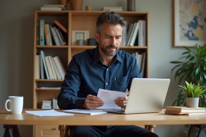 Employeur consultant des chèques CESU à son bureau à domicile pour gérer le paiement d'un salarié à domicile