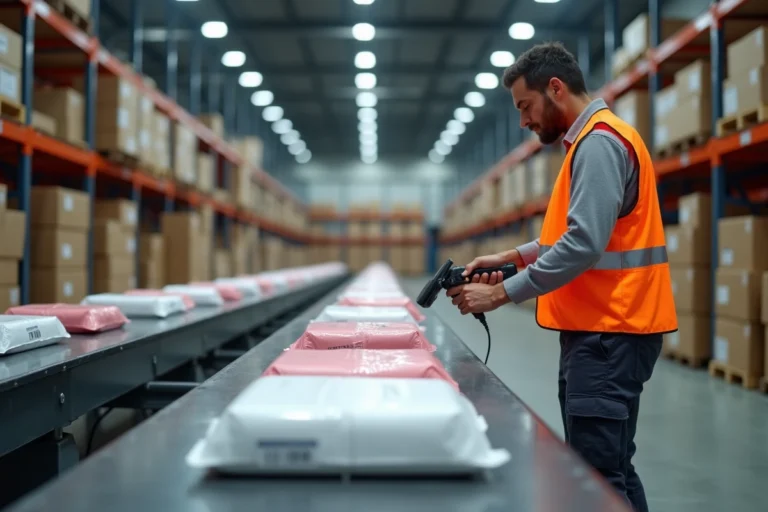 Entrepôt logistique Shein en France avec ouvrier scannant un colis sur un tapis roulant
