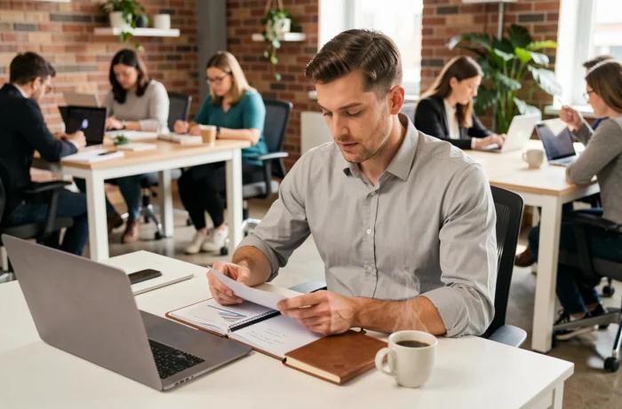 Entrepreneur concentré analysant des rapports financiers dans un espace de coworking pour développer un business pérenne