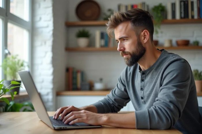 Entrepreneur analysant les statistiques de visibilité de son site internet depuis son bureau à domicile