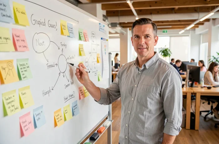 Homme entrepreneur présentant une stratégie de développement d'entreprise devant un tableau de planification