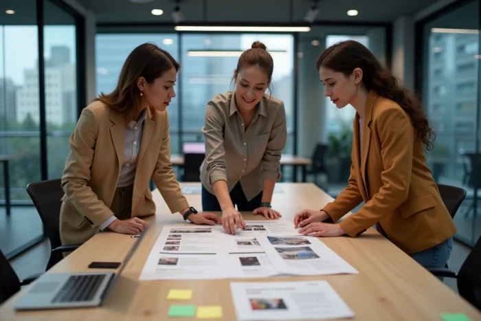 Équipe professionnelle collaborant sur la stratégie de visibilité et la création d'un site internet en espace de coworking