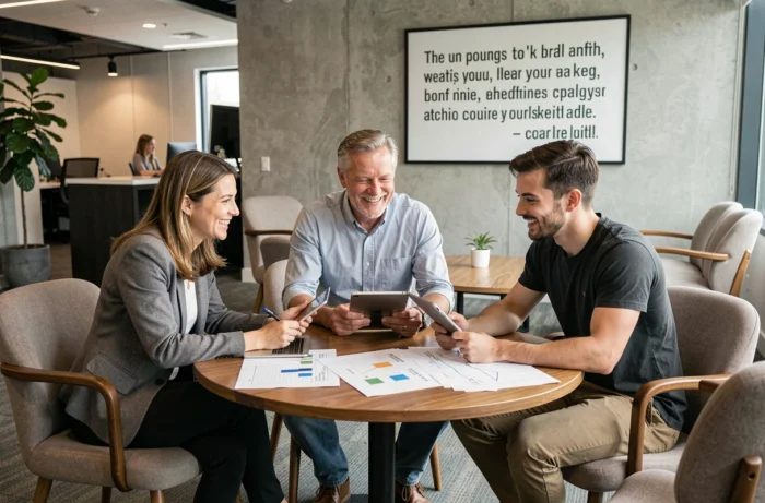 Équipe de professionnels collaborant autour d'une feuille de route business pour construire un succès durable ensemble
