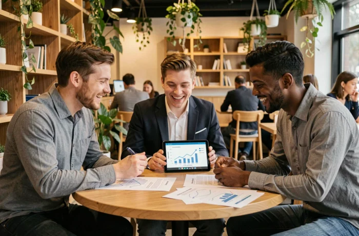 Équipe de jeunes entrepreneurs collaborant autour d'un plan de développement d'entreprise dans un espace de travail créatif