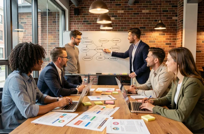 Équipe marketing collaborant autour d'une table de réunion pour définir une stratégie de contenu innovante