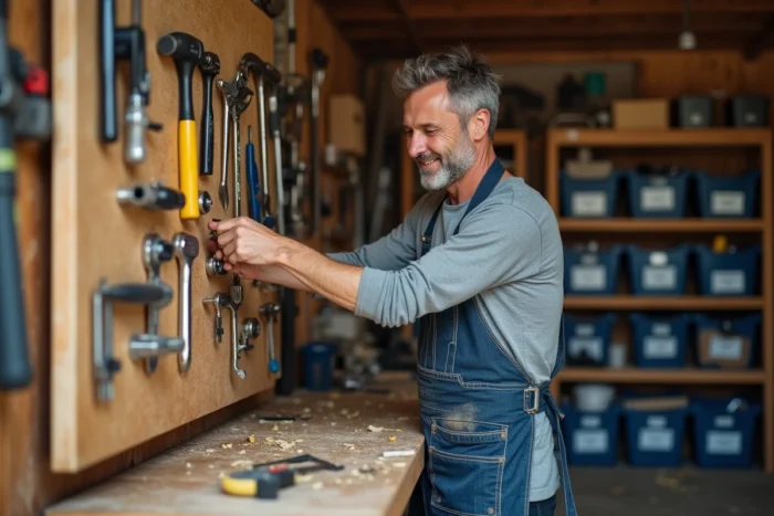 Homme en tablier de bricolage organisant ses outils sur un panneau perforé en bois dans un atelier de garage bien équipé