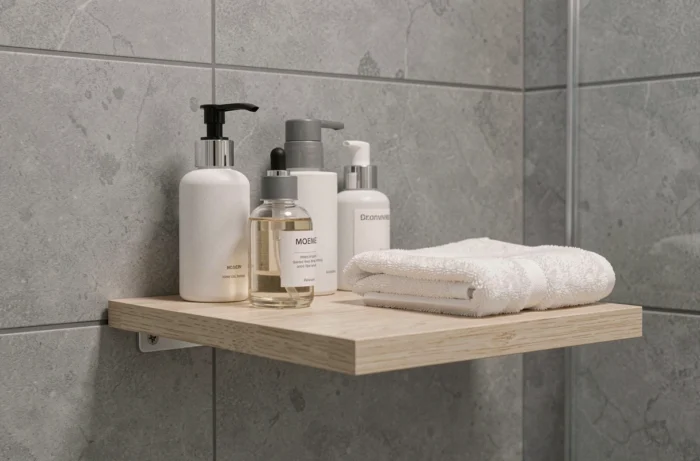 Étagère salle de bain minimaliste style scandinave avec produits cosmétiques clean en emballages simples, alternatives naturelles à la marque Typology