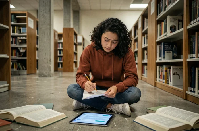 Étudiante analysant un contenu généré par ChatGPT dans une bibliothèque universitaire entourée de livres