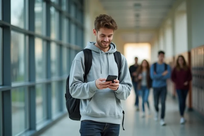 Apprentice checking exam results on their smartphone in a university hallway in Normandy