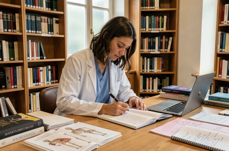 Étudiante en kinésithérapie révisant des manuels d'anatomie dans une bibliothèque universitaire française