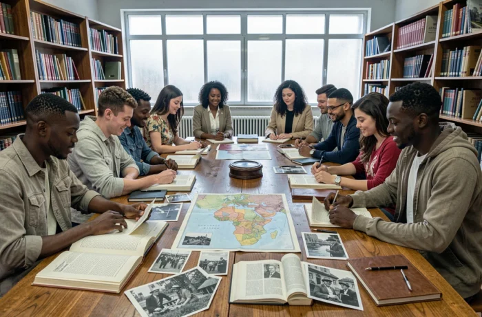 Étudiants africains dans une bibliothèque universitaire à Dakar examinant des archives et des photographies historiques sur la colonisation française en Afrique