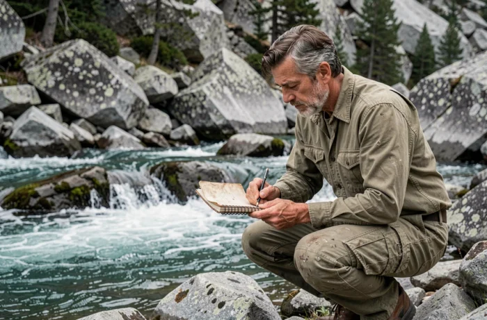 Explorateur accroupi au bord d'un fleuve de montagne rocheux, carnet de notes en main, eau turquoise en mouvement