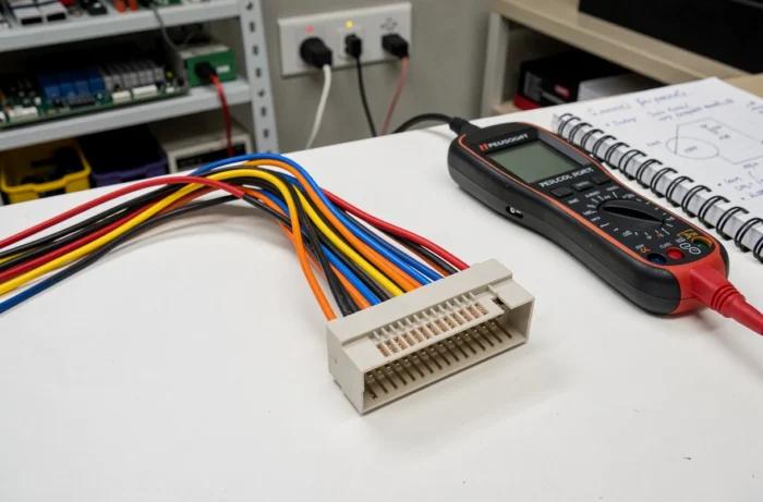 Faisceau de fils autoradio Peugeot avec connecteur ISO et testeur électrique sur établi d'atelier
