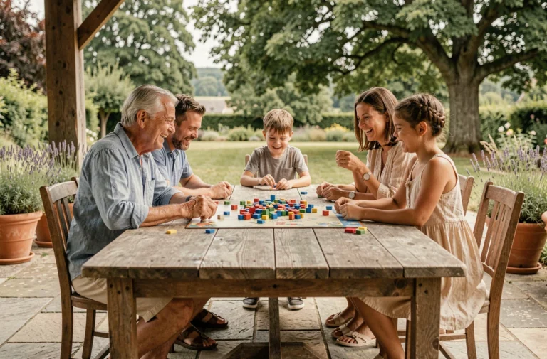 Famille multigénérationnelle jouant à un jeu de société autour d'une table en bois dans un jardin lors d'une journée de loisirs en plein air
