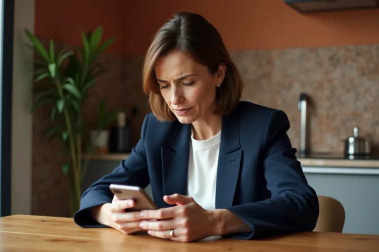 Femme inquiète regardant un appel suspect sur son smartphone avec indicatif 33 3 77