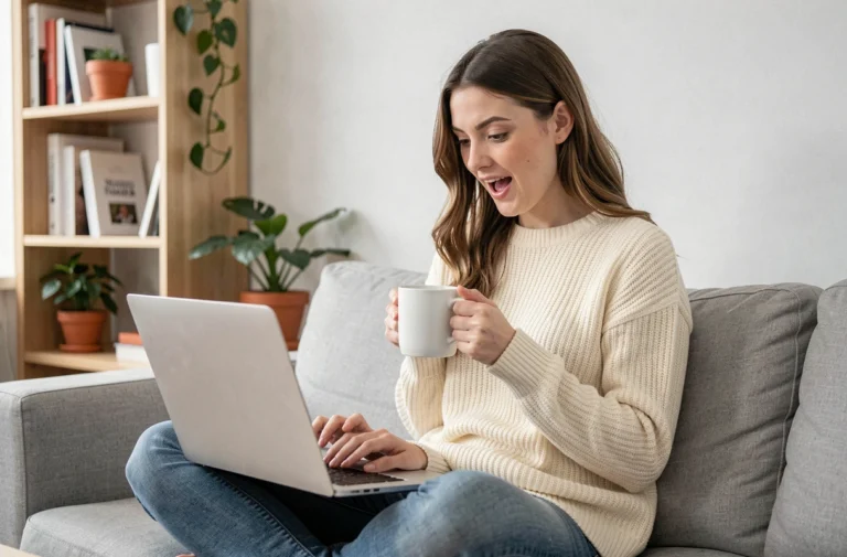 Jeune femme consultant des bons plans en ligne sur un ordinateur portable dans un salon moderne et cosy