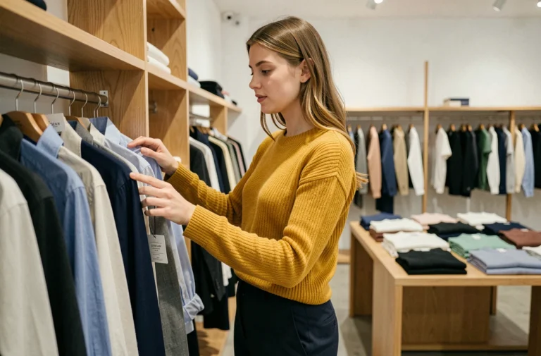 Jeune femme parcourant un portant de vêtements dans une boutique de mode moderne, découvrant des marques tendance commençant par la lettre Y