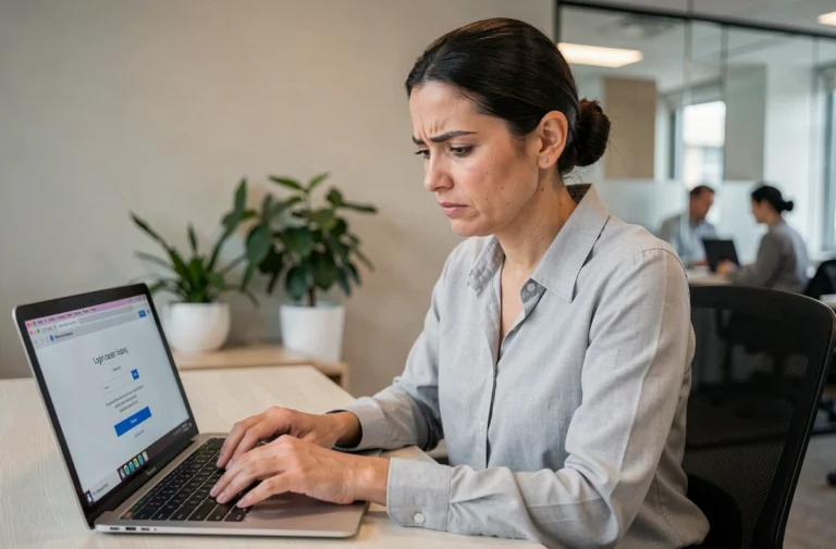 Femme au bureau frustrée face à une erreur de connexion sur My Arkevia pour accéder à sa fiche de paie