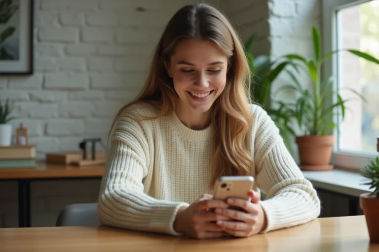 Jeune femme utilisant son smartphone pour chercher des codes promo Zalando depuis son bureau à domicile