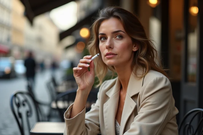 Femme adulte tenant une cigarette slim à la terrasse d'un café parisien, ambiance éditoriale urbaine avec bokeh naturel sur fond de pavés