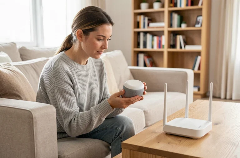Femme configurant sa Freebox Pop avec un assistant vocal Google dans un salon moderne